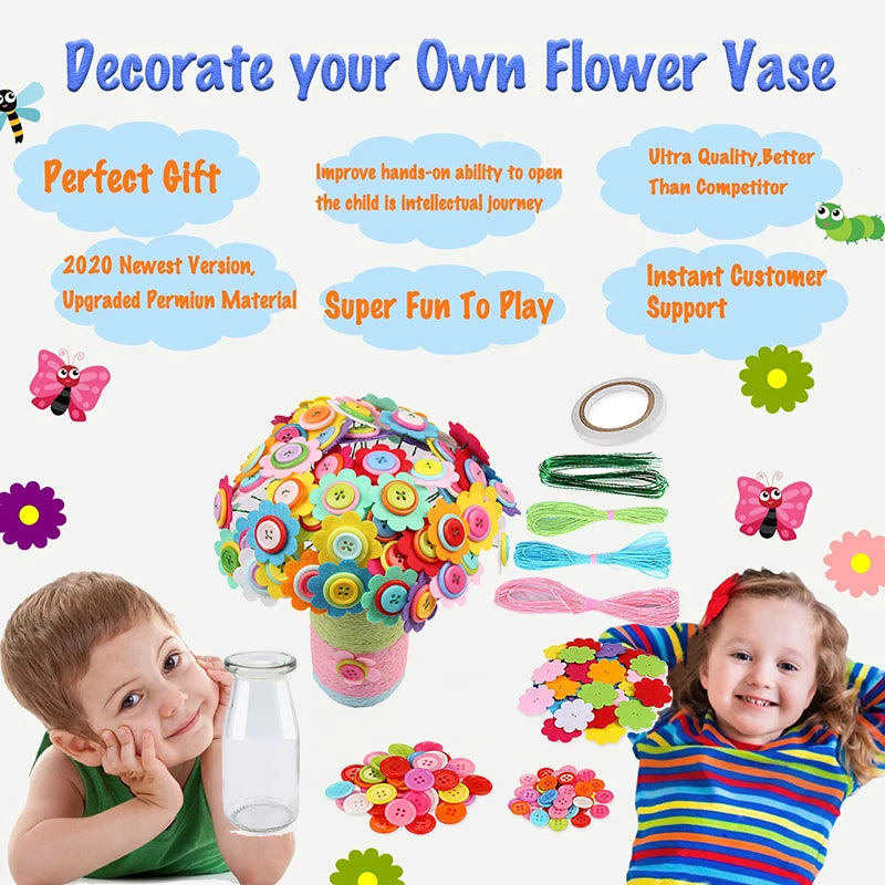 Flower Craft Kit Bouquet Buttons & Felt Vase DIY Kids Activity