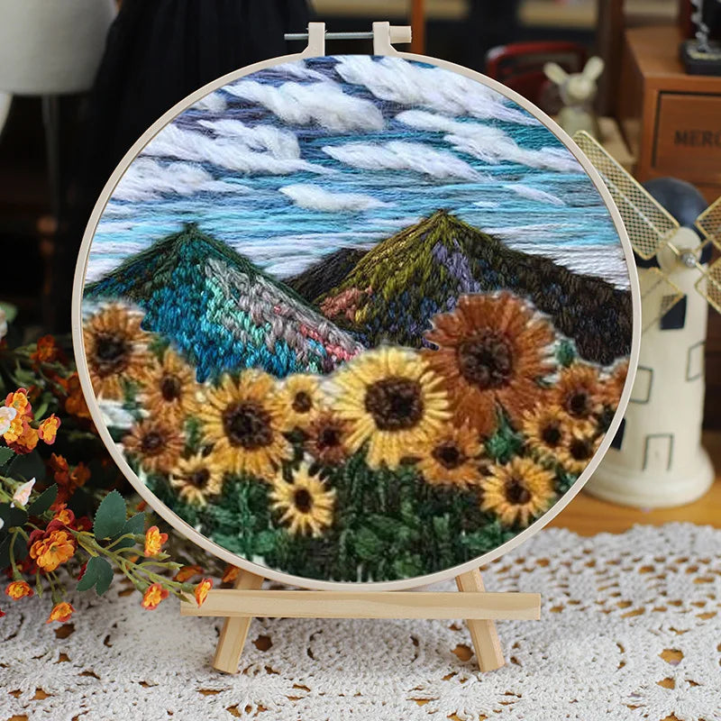 DIY Flower Embroidery Starter Kit – Landscape Pattern, Colored Threads & Tools (No Hoop)