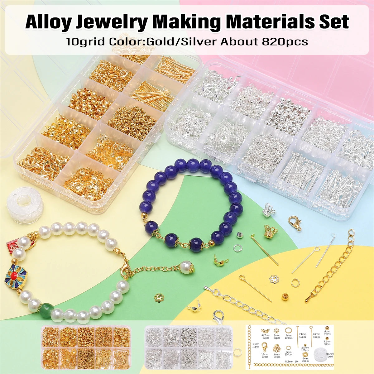 Alloy Jewelry Findings Set with Lobster Clasp, Jump Rings & Earring Hooks