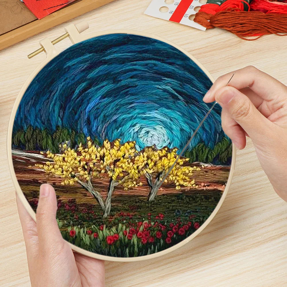 DIY Flower Embroidery Starter Kit – Landscape Pattern, Colored Threads & Tools (No Hoop)