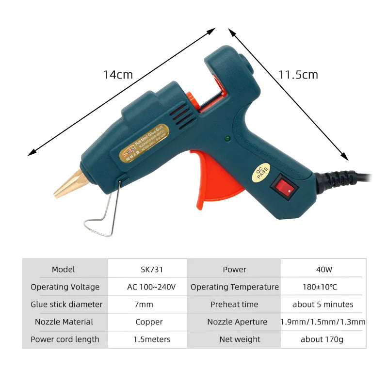 Small Aperture 40W Hot Melt Glue Gun 1.3/1.5mm Nozzle 7mm Sticks