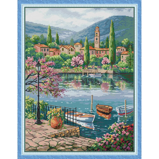 Pre‑Printed Cross Stitch Kit – Easy Aida Pattern with Stamped Fabric (Lake & Mountains)