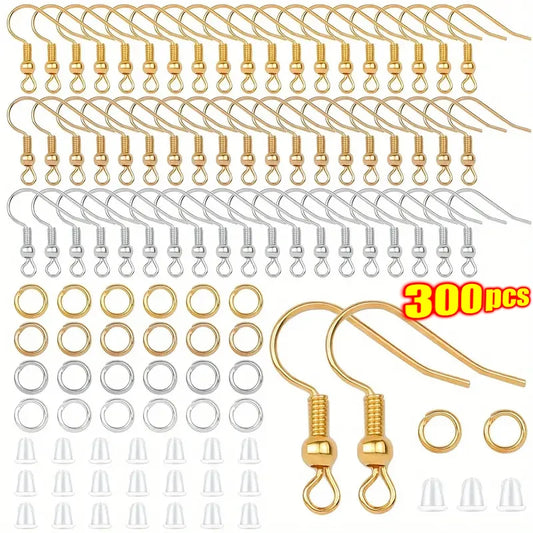 300pcs/Lot Hypoallergenic Earring Hook Kit Mix-color Ear Wires Fish Hooks Open Jump Rings Earplugs For DIY Jewelry Making