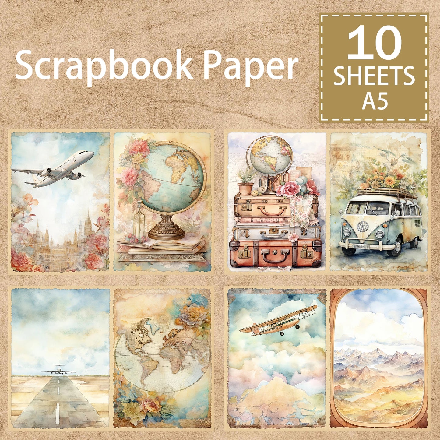 10 Sheets A5 Travel Airplane/Bus/Suitcase Globe Vintage Scrapbooking