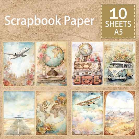 10 Sheets A5 Travel Airplane/Bus/Suitcase Globe Vintage Scrapbooking