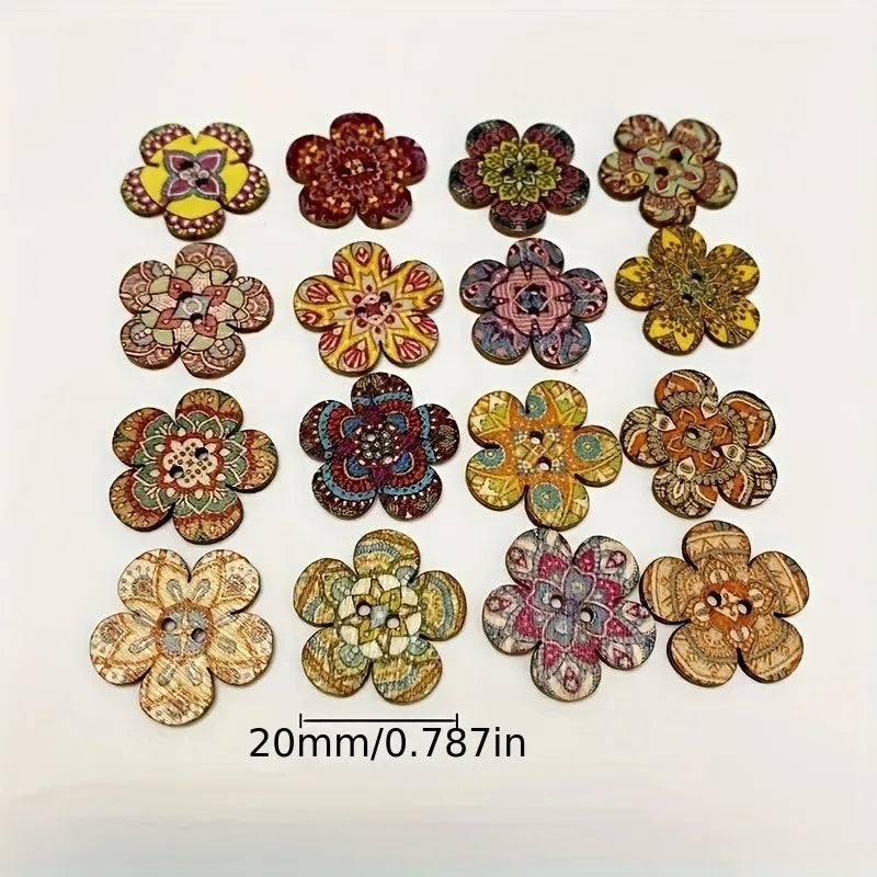 100-Pack Boho Painted Flower Wooden Buttons – 2-Hole