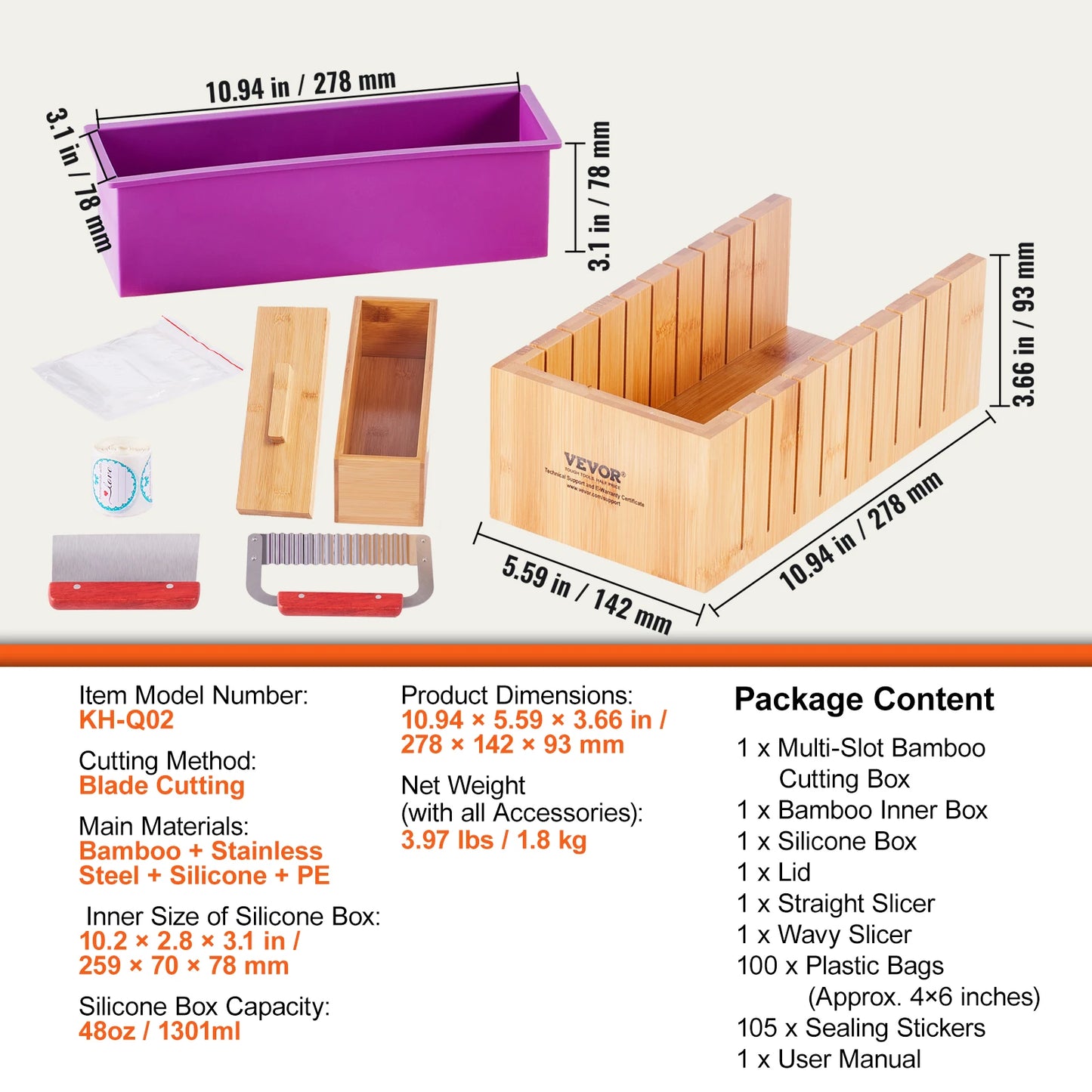 Soap Making Kit with Bamboo Cutting Box, Silicone Mold & Stainless Steel Cutters