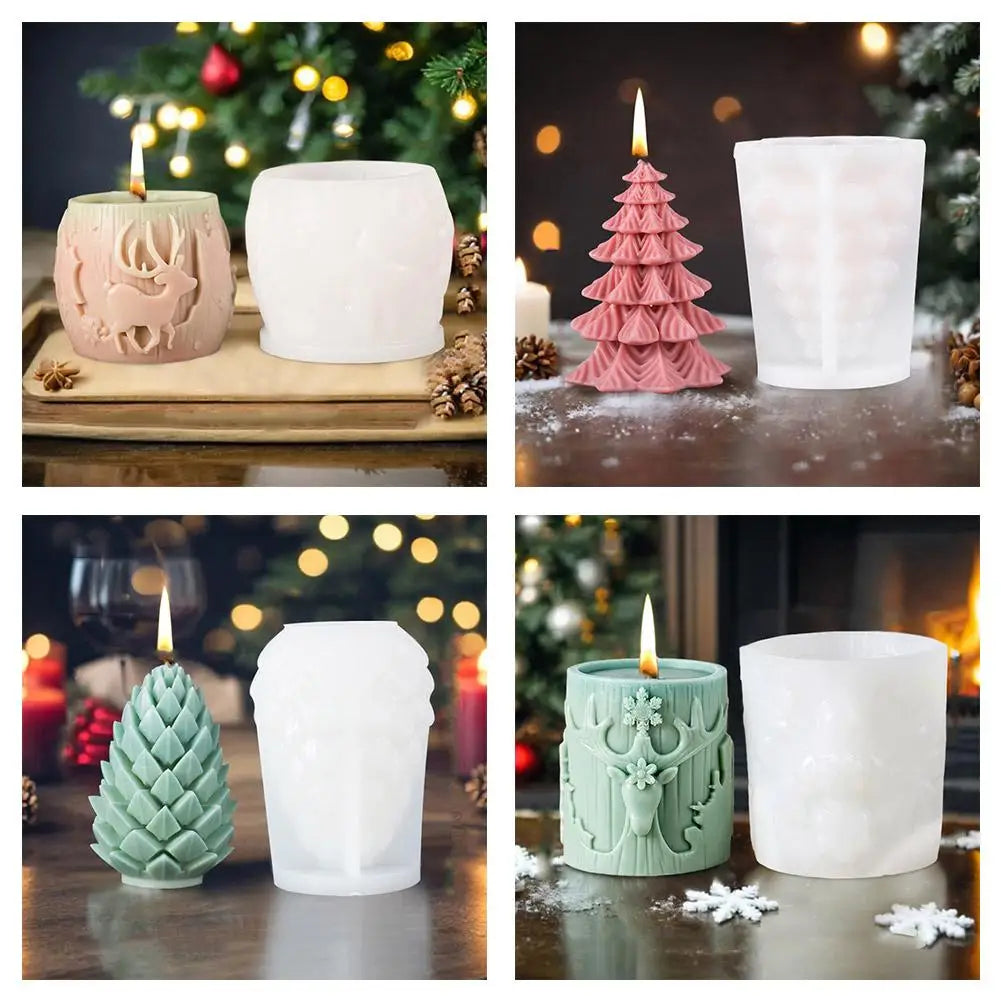 3D Christmas Tree Carving Cylinder Candle Silicone Mold Reindeer