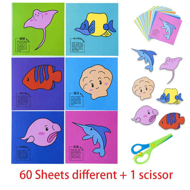 60Pcs DIY Paper Cut Set +Kids Safety Scissors Cartoon Animal