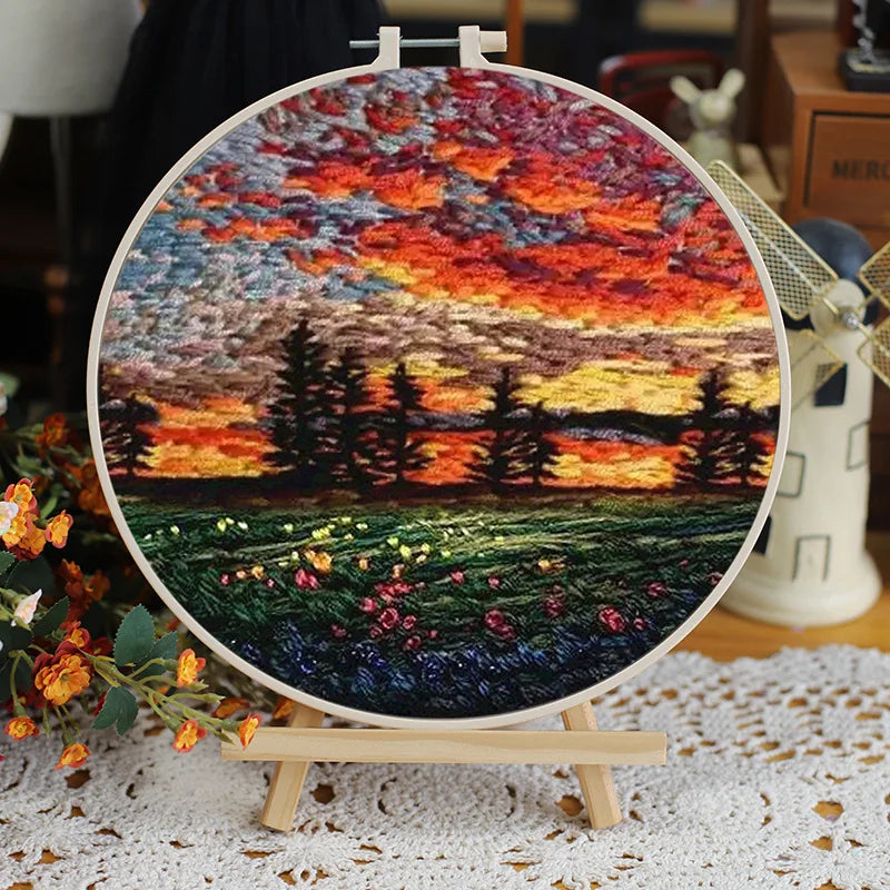 DIY Flower Embroidery Starter Kit – Landscape Pattern, Colored Threads & Tools (No Hoop)