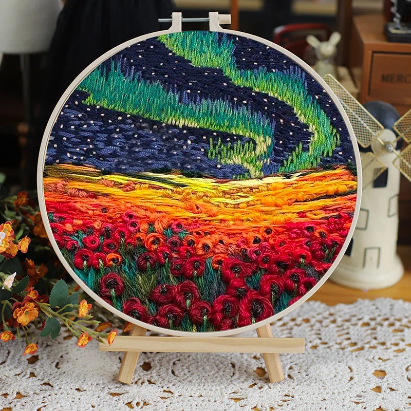 DIY Flower Embroidery Starter Kit – Landscape Pattern, Colored Threads & Tools (No Hoop)