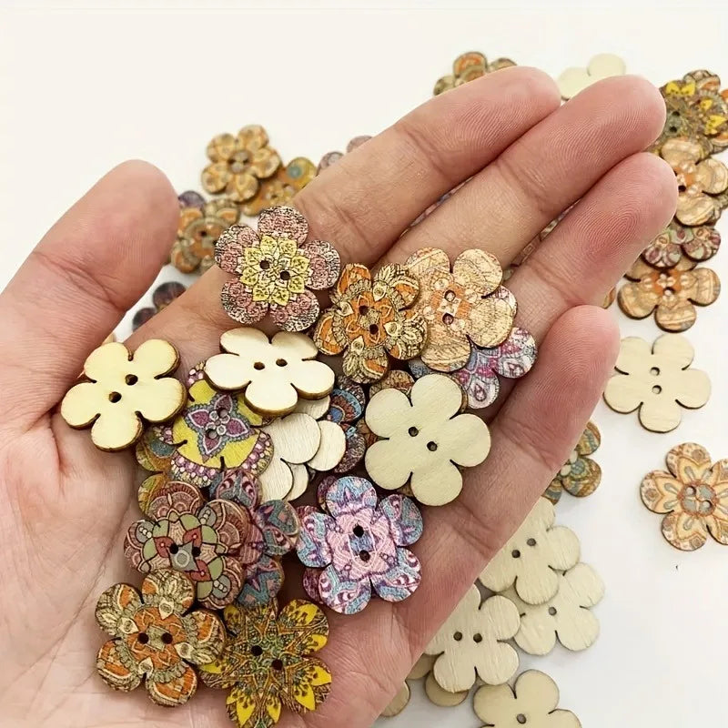 100-Pack Boho Painted Flower Wooden Buttons – 2-Hole