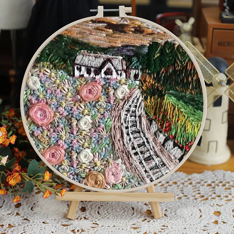 DIY Flower Embroidery Starter Kit – Landscape Pattern, Colored Threads & Tools (No Hoop)