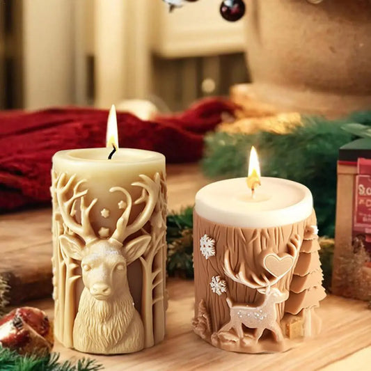 3D Christmas Tree Carving Cylinder Candle Silicone Mold Reindeer