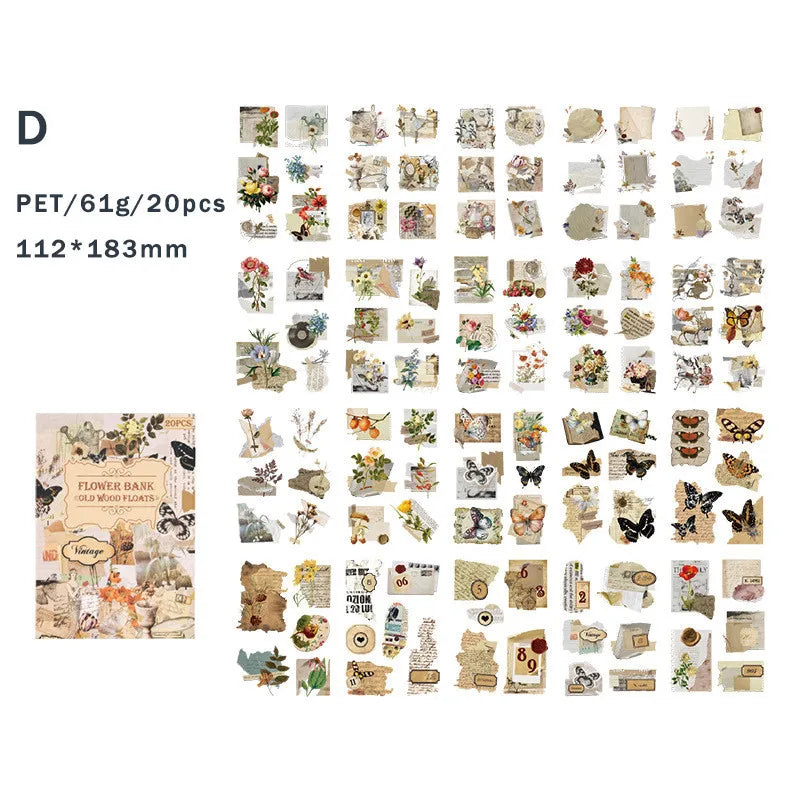 20 Sheets Vintage Scrapbooking Stickers PET Books Journal Collage