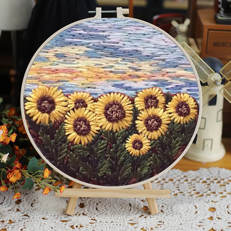 DIY Flower Embroidery Starter Kit – Landscape Pattern, Colored Threads & Tools (No Hoop)