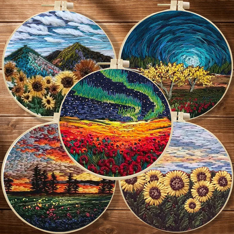 DIY Flower Embroidery Starter Kit – Landscape Pattern, Colored Threads & Tools (No Hoop)