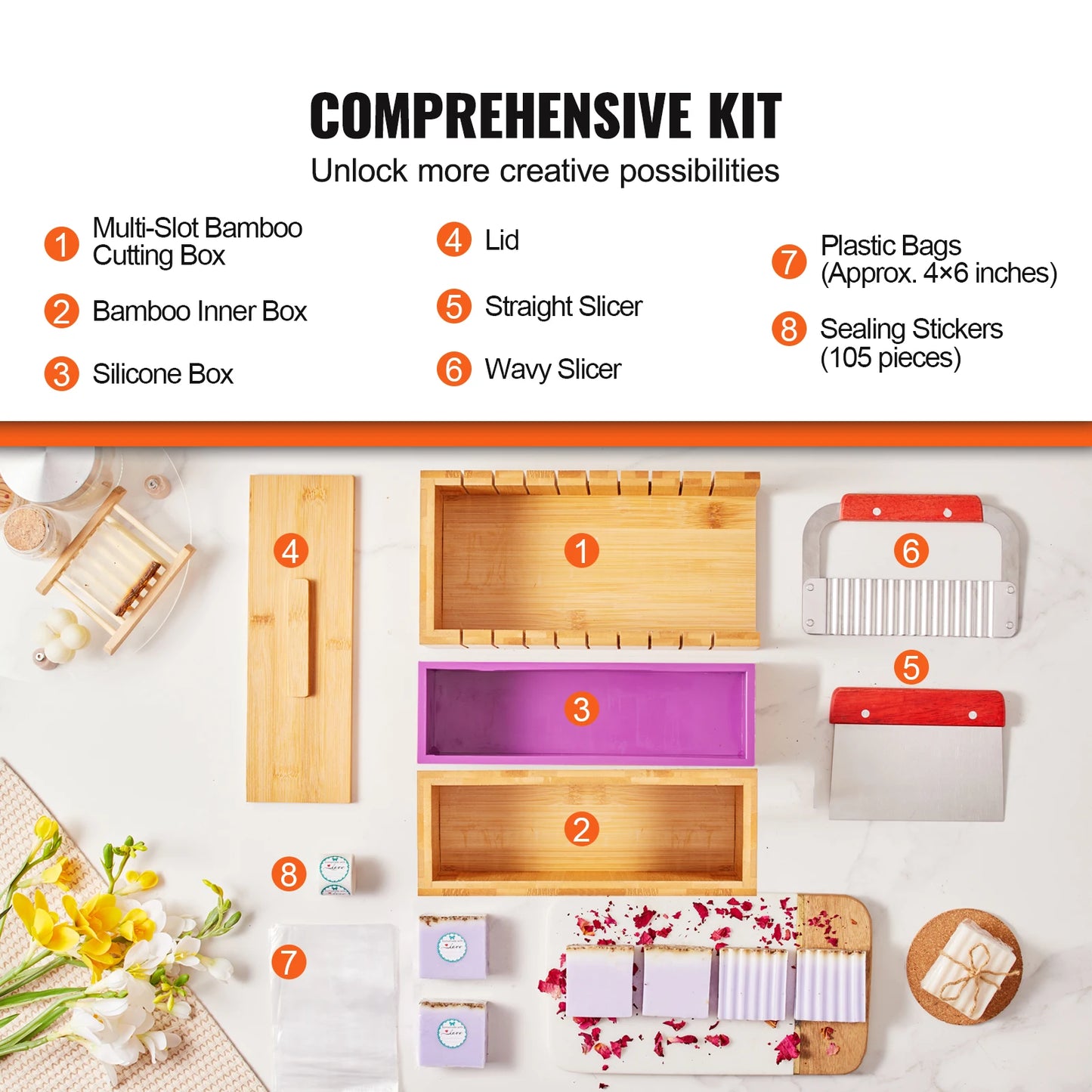 Soap Making Kit with Bamboo Cutting Box, Silicone Mold & Stainless Steel Cutters