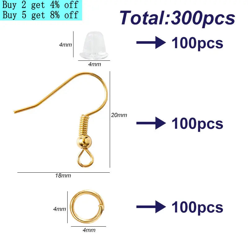 300-Pack Hypoallergenic Earring Hooks, Jump Rings & Rubber Backs