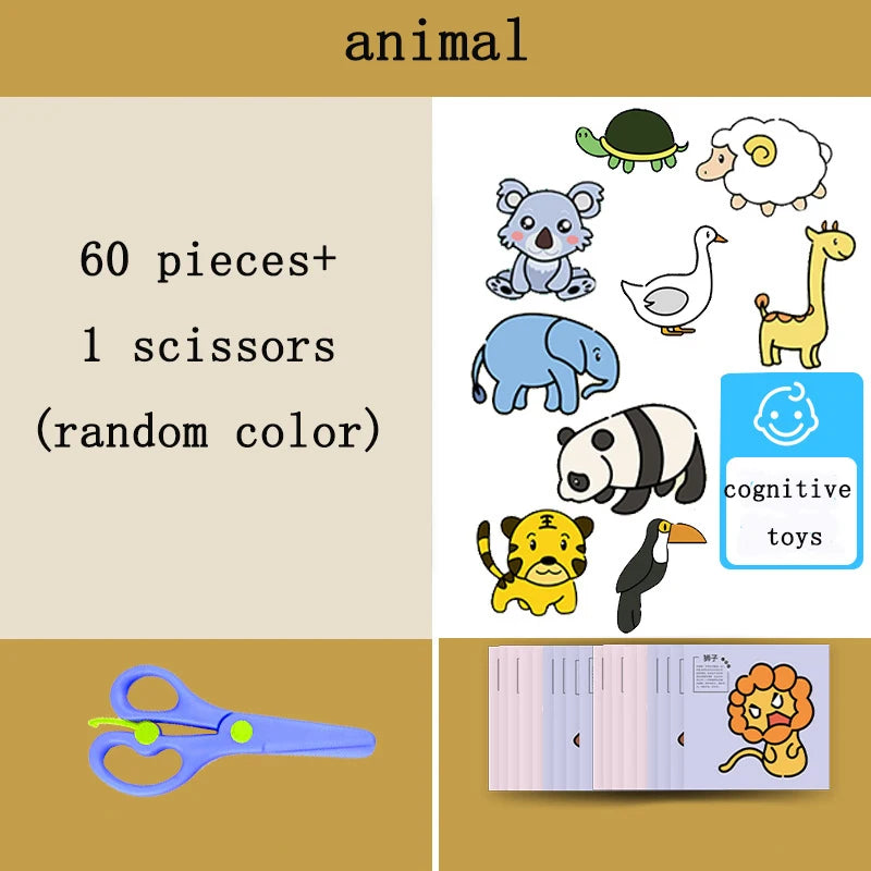 60Pcs DIY Paper Cut Set +Kids Safety Scissors Cartoon Animal