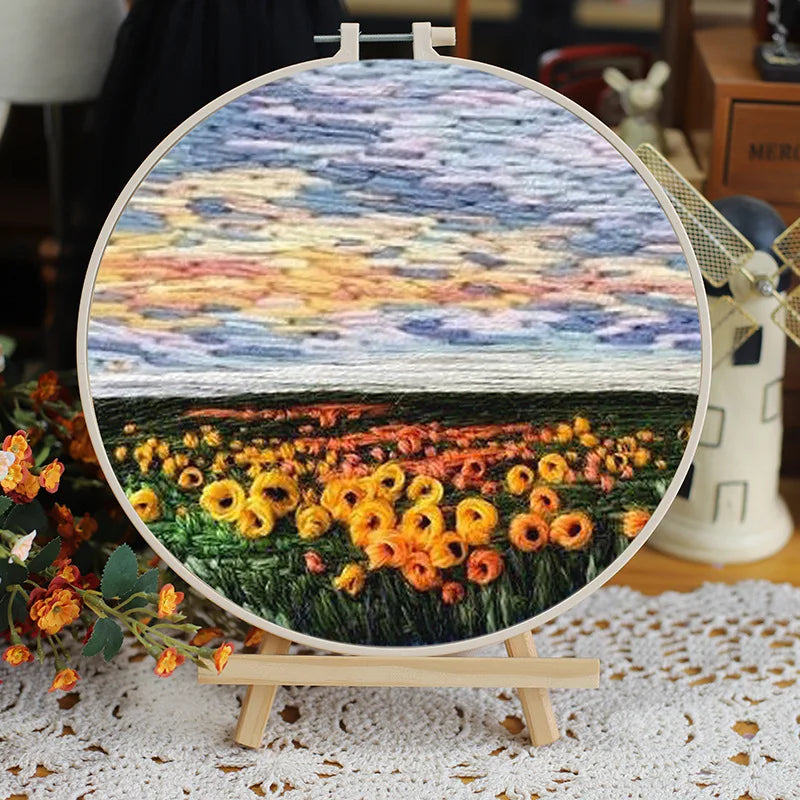 DIY Flower Embroidery Starter Kit – Landscape Pattern, Colored Threads & Tools (No Hoop)