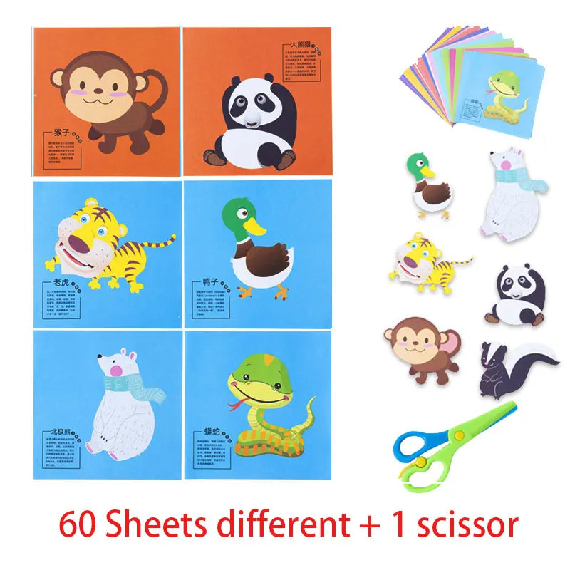 60Pcs DIY Paper Cut Set +Kids Safety Scissors Cartoon Animal