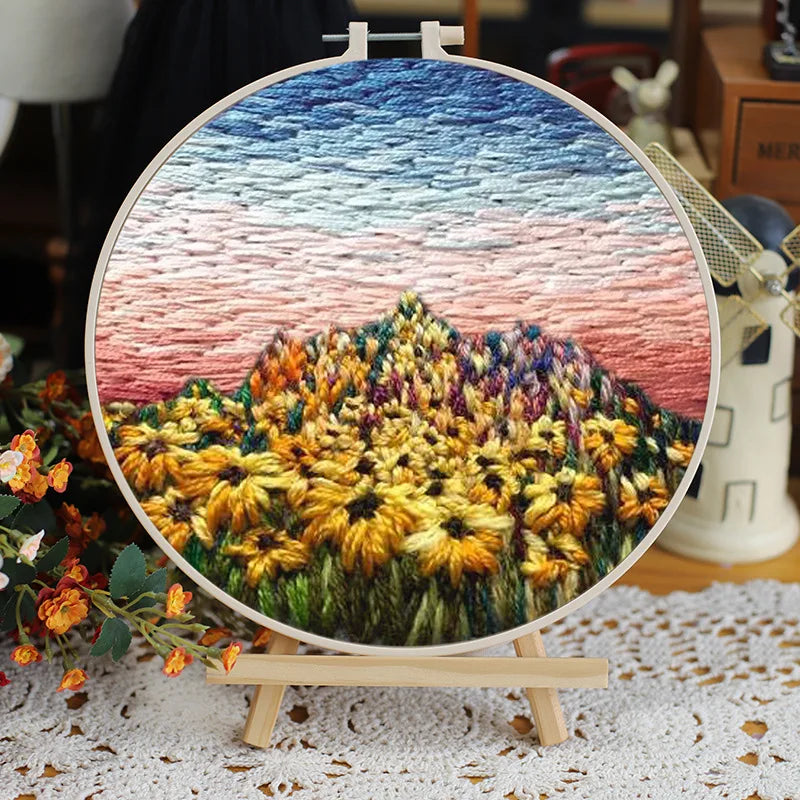 DIY Flower Embroidery Starter Kit – Landscape Pattern, Colored Threads & Tools (No Hoop)