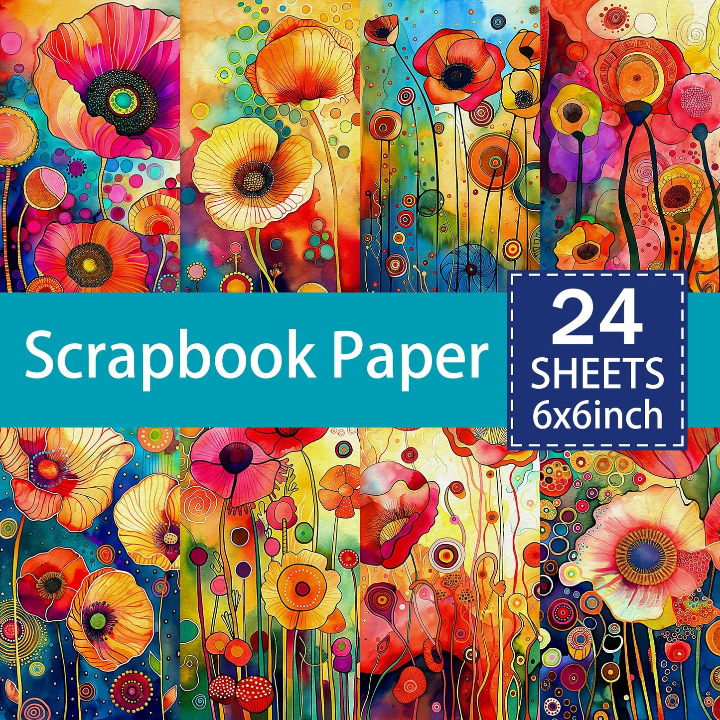 24 Sheets 6 Inch Bright Poppy Flowers Vintage Grunge Scrapbooking