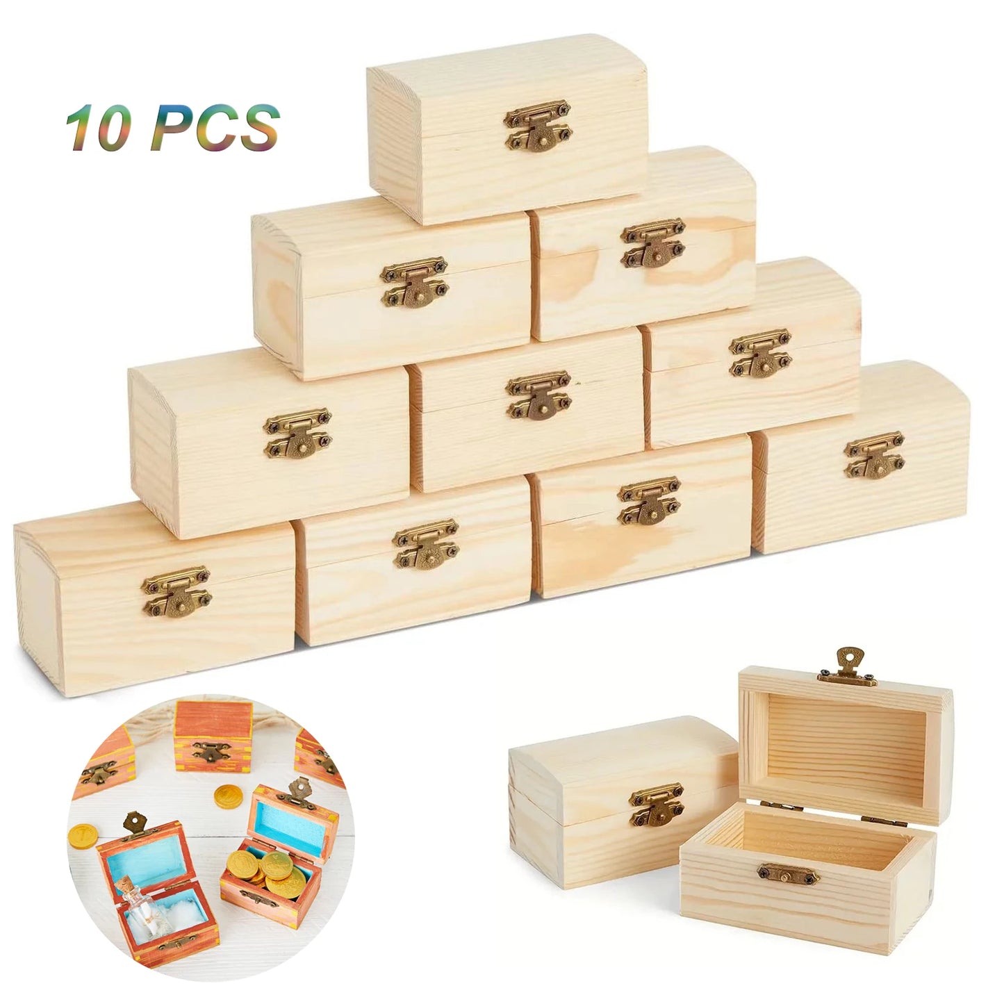 10‑Pack Small Wooden Boxes – Unfinished with Front Clasp for DIY Crafts & Party Decor