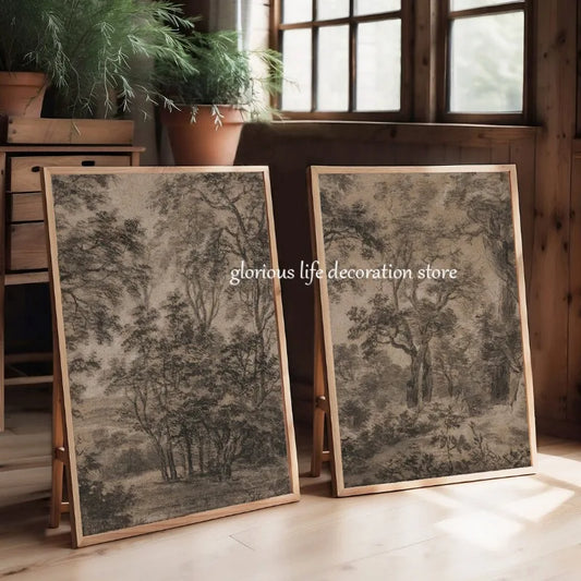 Antique Woodland Landscape Poster Brown Dark Forest Canvas Decor