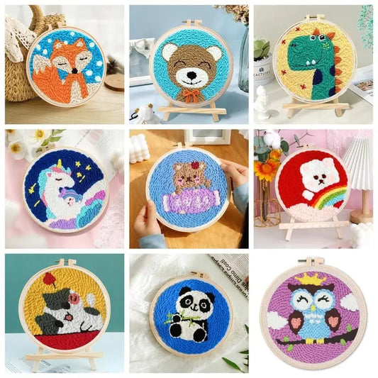 CHENISTORY Punch Needle Embroidery Kit Cartoon Animal Starter Set  For Adult Beginner Funny Kit Needlework DIY Craft