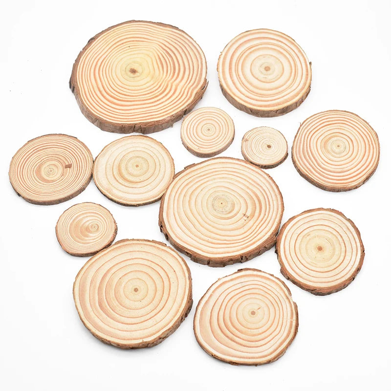 Natural Pine Wood Slices – 3–12cm Thick, Unfinished Round Discs with Bark for DIY Crafts & Rustic Decor