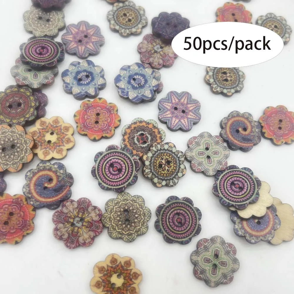 100-Pack Boho Painted Flower Wooden Buttons – 2-Hole